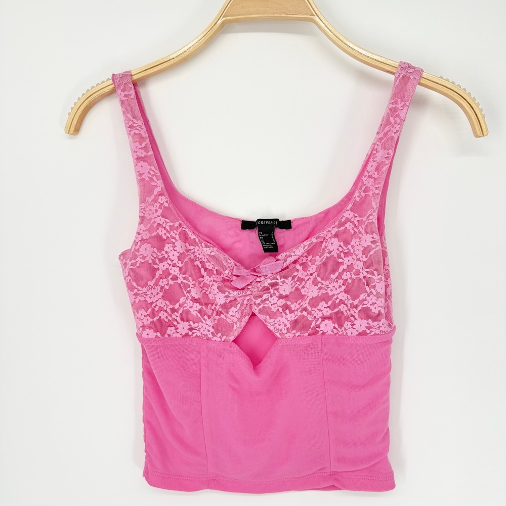 Forever 21 Cami Top Womens Small Pink Lace Bow Keyhole Y2K Mesh Tank